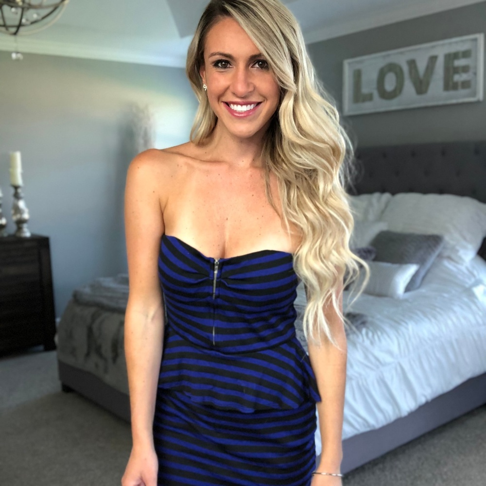 Black and Blue Striped Strapless Peplum Mini Dress